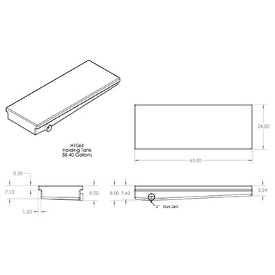 Tank - Holding - LH - 24" x 63" x 8" - Rotocast - w/Probes - 3" Drain - Black