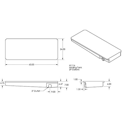 Tank - Holding - 24" x 60" x 7" - 3" Drain - w/1" Rails - Rotocast - Black - w/Probes - RH Side Drain
