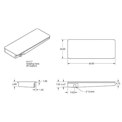 Tank - Holding - 24" x 60" x 7" - 3" Drain - w/1" Rails - Rotocast - Black - w/Probes - LH Side Drain