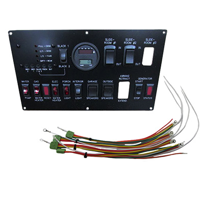 Monitor Panel - Fuel Station & Generator - Blk Switches - w/Awning & Tank Panel - Reverse Engraved Black - w/Extra W/H Switch - Carbon - KY01099