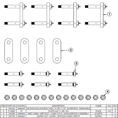 Axle - HD Tandem AP Kit - 3 1/8" x 1/2" Links - No EQ - Grs Bolt