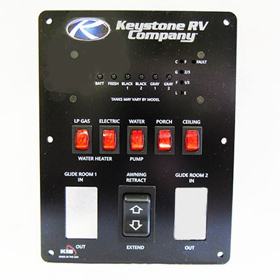 Monitor Panel - Convenience Center - 5 Tanks - 6 Switches - 2 Cutouts - w/Keystone RV Logo - Black
