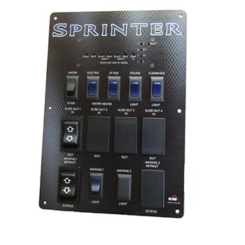 Monitor Panel - Convenience Center - 2 Baths - 6 Switches - 4 Slides w/1 Loaded - w/2 Awning Lights - No Pigtails - Shallow Switch - Printed - Replaces KRV# 652217