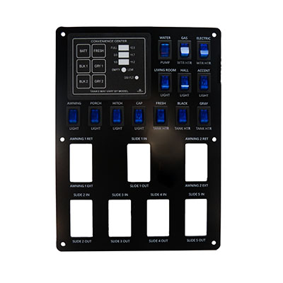 Monitor Panel - Convenience Center - Vertical - 5 Tanks - 13 Switches - 5 Slide Hoesl - 2 Awning Holes - w/Tank Heater - 25/Ctn