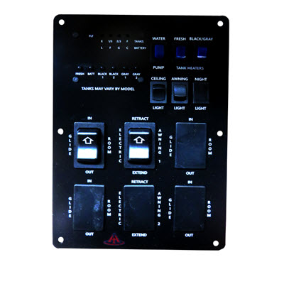 Monitor Panel - Convenience Center - Outback TT - 5 Tanks - 4 Buttons - 6 Small Switches - 4 Slide Cutouts - 2 Awning Cutouts - 2 Red Switches w/Wire Harness - 25 Pc/Min