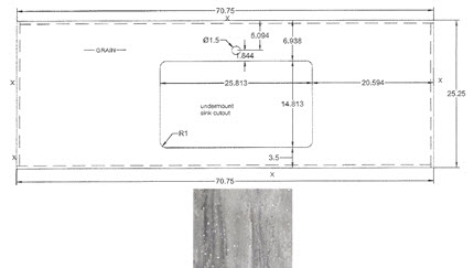 Countertop - Island Top - 290/316/355/364-B - 1 1/2" x 25 1/4" x 70 3/4" - Solid - MDF - C2 - w/Plywood Backer - Solid Surface - Eased Edge - High Gloss - Cougar Aggregate